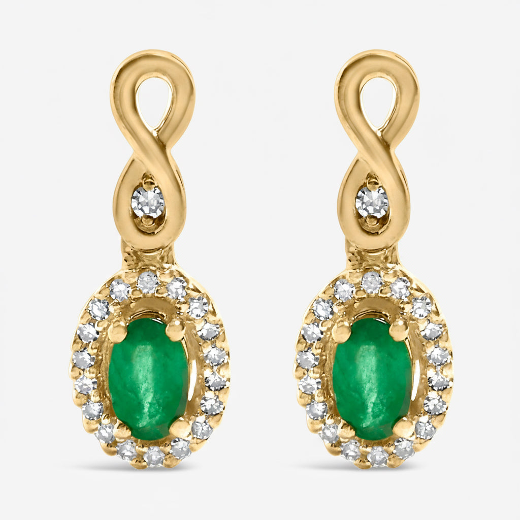 Boucles d'oreilles pendantes en or jaune 10 carats avec émeraude verte taille ovale 5 x 3 mm et diamant rond 1/7 ct