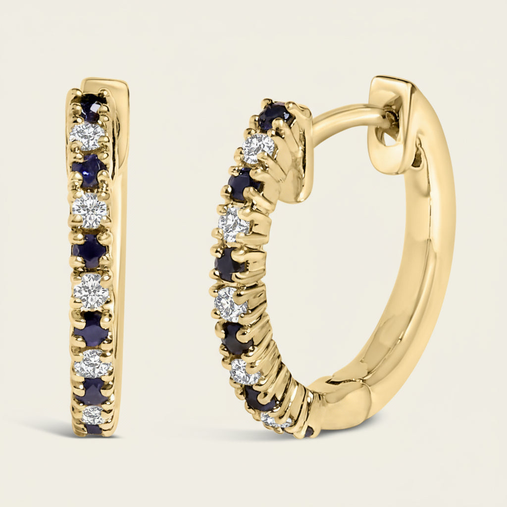 Boucles d'oreilles créoles en or jaune 10 carats avec saphirs bleus alternés, 1/10 ct de diamant (couleur IJ, pureté I1-I2)