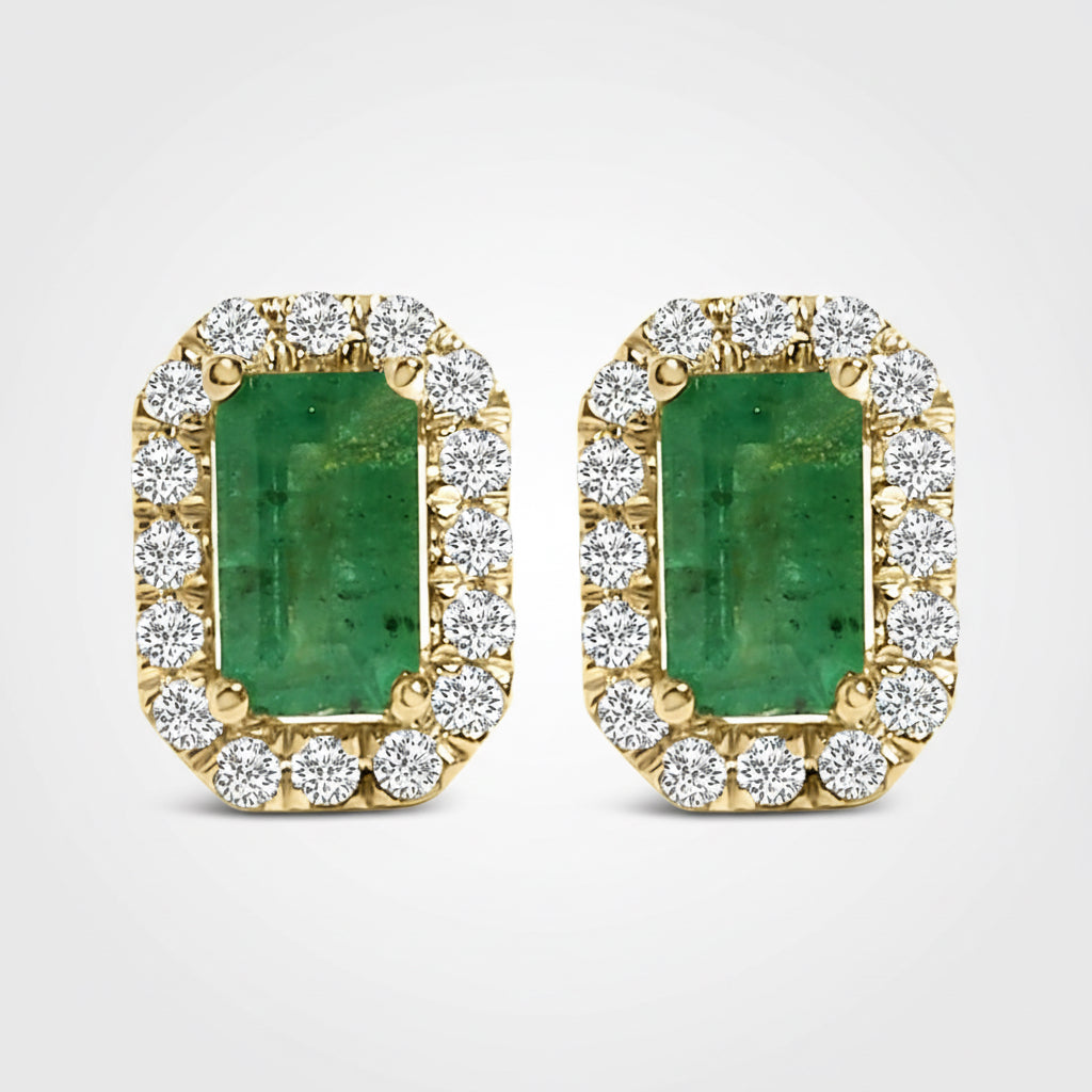 14K Yellow Gold Green Emerald and 1/8 Cttw Diamond Halo Octagonal Shaped Stud Earrings  (I-J Color, I1-I2 Clarity)