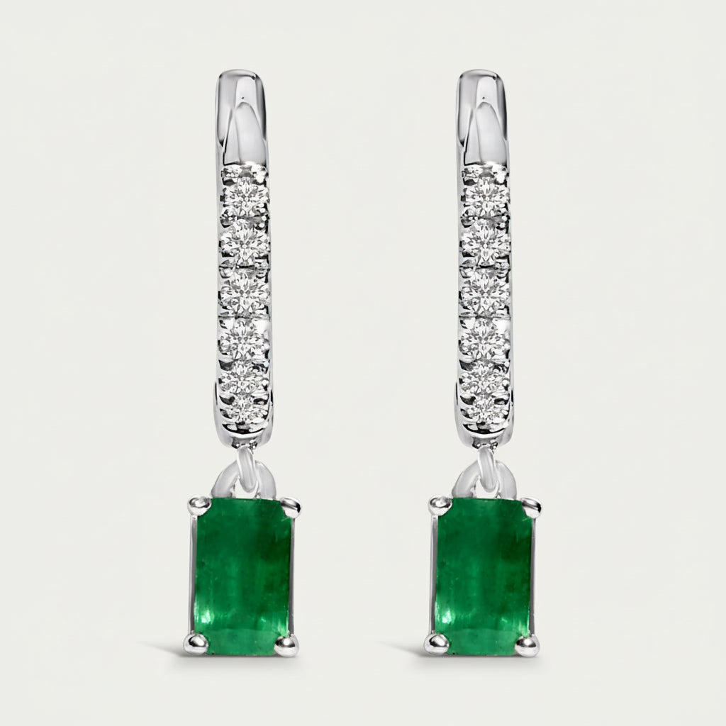 10K White Gold Oval Green Emerald and 1/8 Cttw Diamond Drop Earrings  (I-J Color, I1-I2 Clarity)