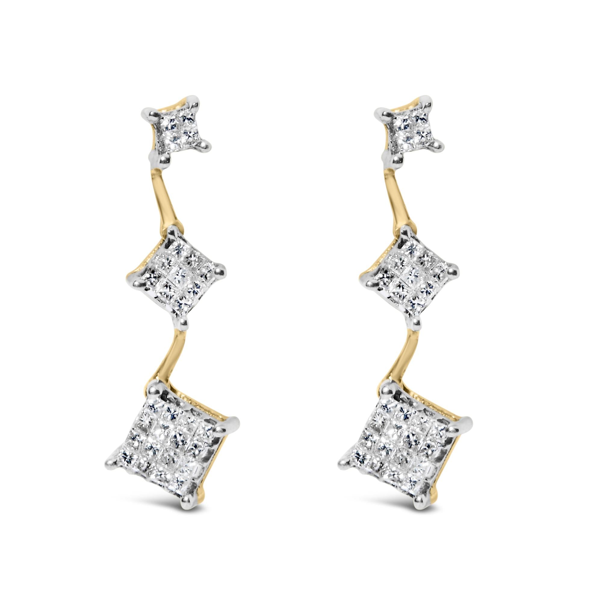 Boucles d'oreilles en or jaune 14 carats avec diamants taille princesse 1 ct (HI, SI1-SI2)
