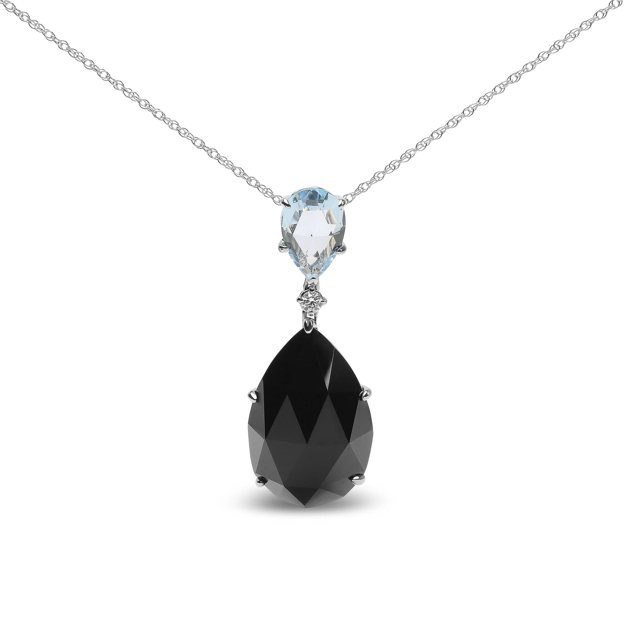 Collier pendentif en or blanc 18 carats avec diamants, topaze bleu ciel taille poire et onyx noir taille poire, 45,7 cm (couleur GH, pureté SI1-SI2)