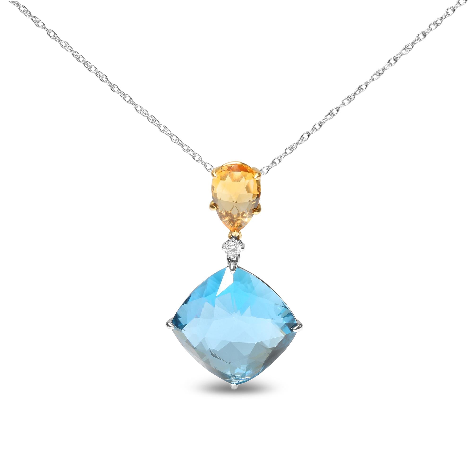 Collier pendentif en or blanc et jaune 18 carats, 45,7 cm, avec diamants, citrine jaune et topaze bleu ciel (couleur GH, pureté SI1-SI2)