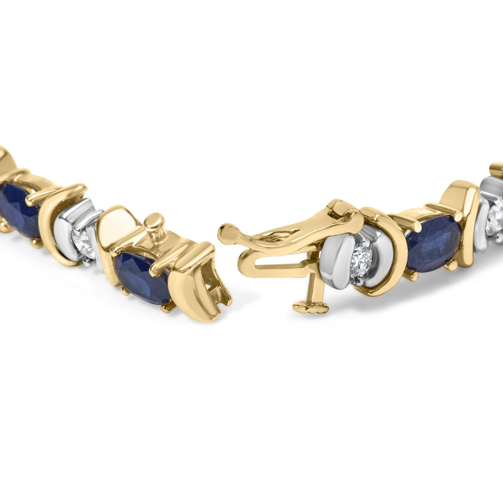 Bracelet à maillons en or jaune 14 carats, 1,00 ct, serti de diamants alternés et de saphirs bleus ovales de 6,5 ct (couleur HI, pureté SI1-SI2) - 17,8 cm