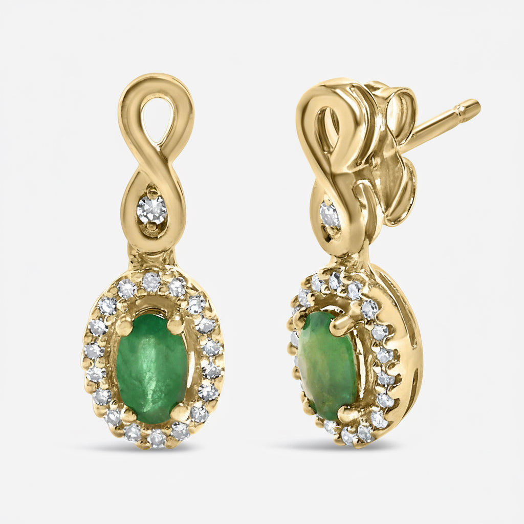 10K Yellow Gold Oval Cut Green Emerald 5x3 mm and 1/7 Cttw Round Diamond Dangle Earrings
