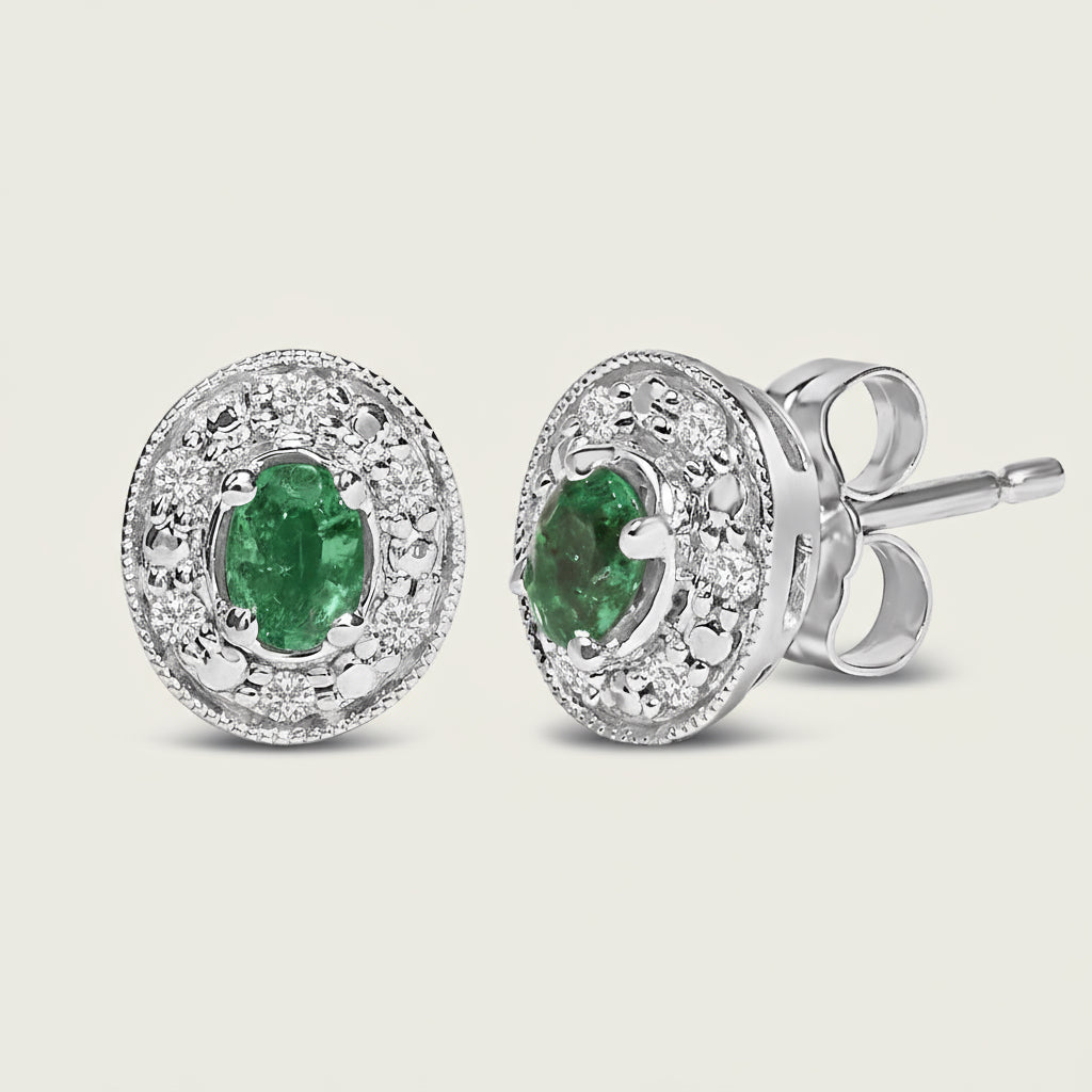 14K White Gold Oval Green Emerald and 1/10 Cttw Diamond Halo Stud Earrings  (I-J Color, I1-I2 Clarity)