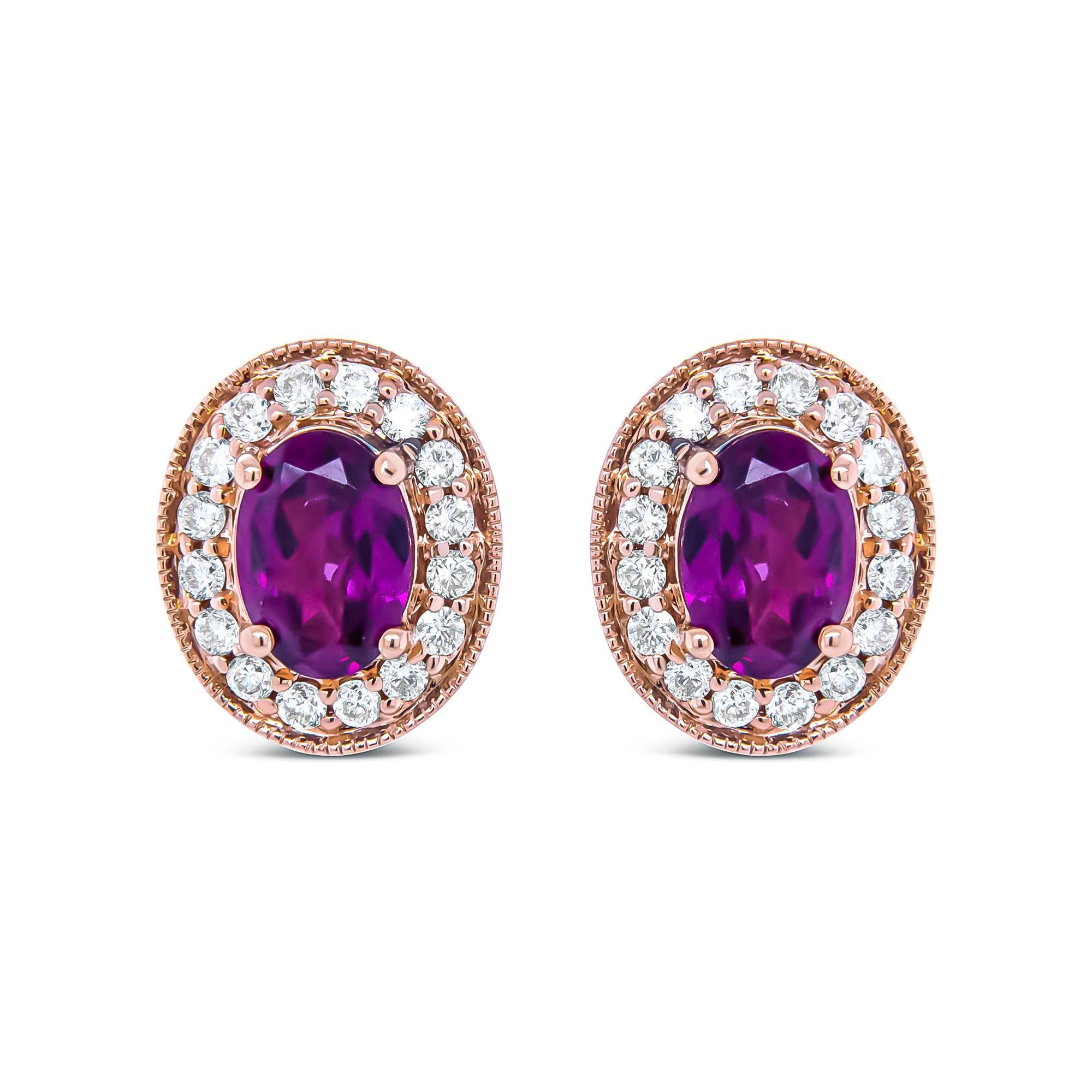 14K Rose Gold 7x5mm Oval Cut Garnet and 3/8 Cttw Round Diamond Halo Stud Earrings (G-H Color, SI1-SI2 Clarity)