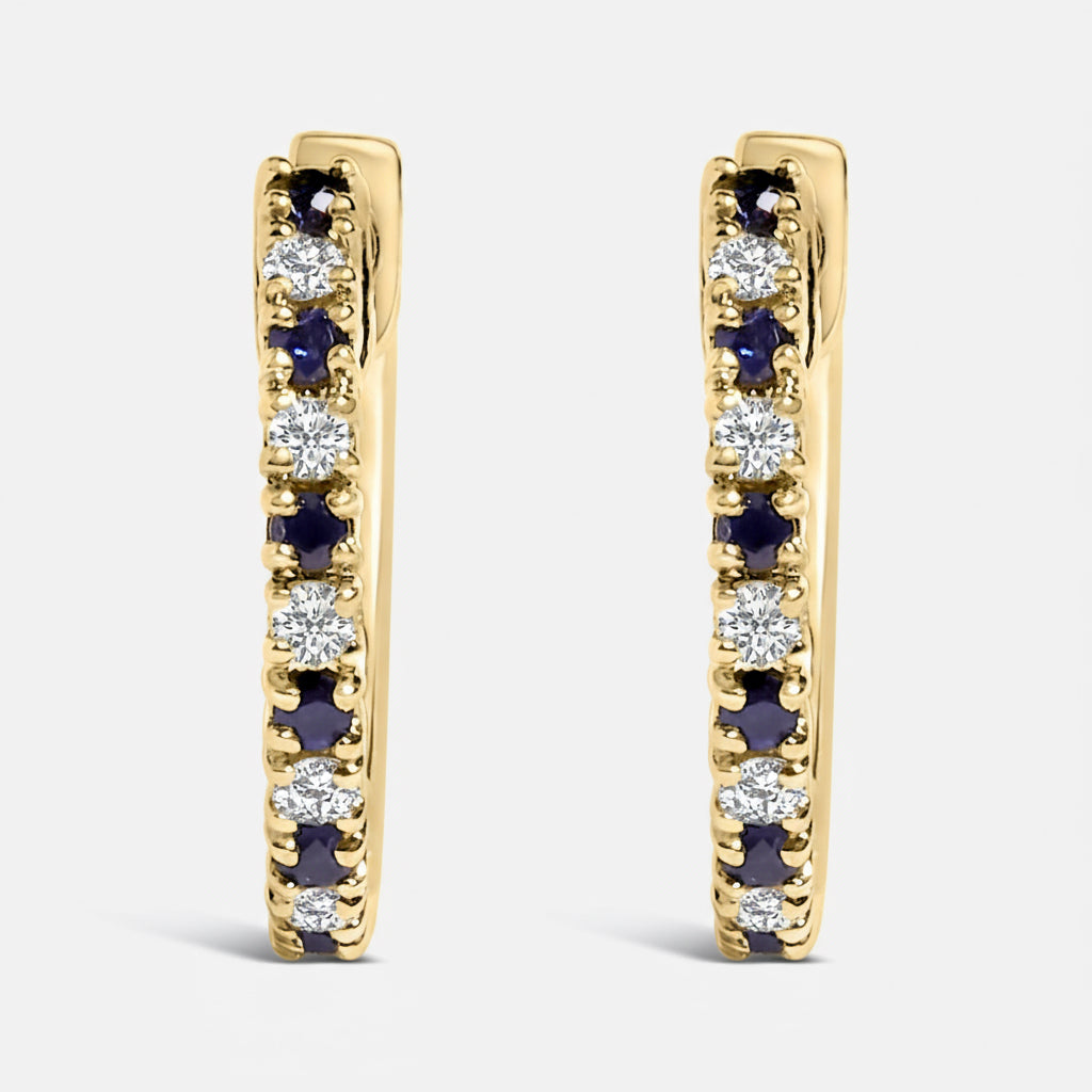 Boucles d'oreilles créoles en or jaune 10 carats avec saphirs bleus alternés, 1/10 ct de diamant (couleur IJ, pureté I1-I2)