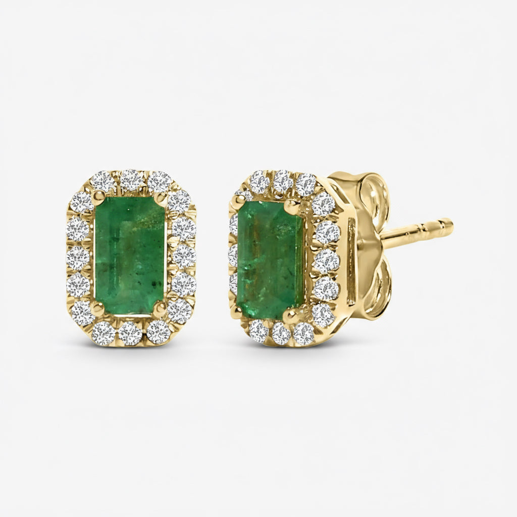 14K Yellow Gold Green Emerald and 1/8 Cttw Diamond Halo Octagonal Shaped Stud Earrings  (I-J Color, I1-I2 Clarity)
