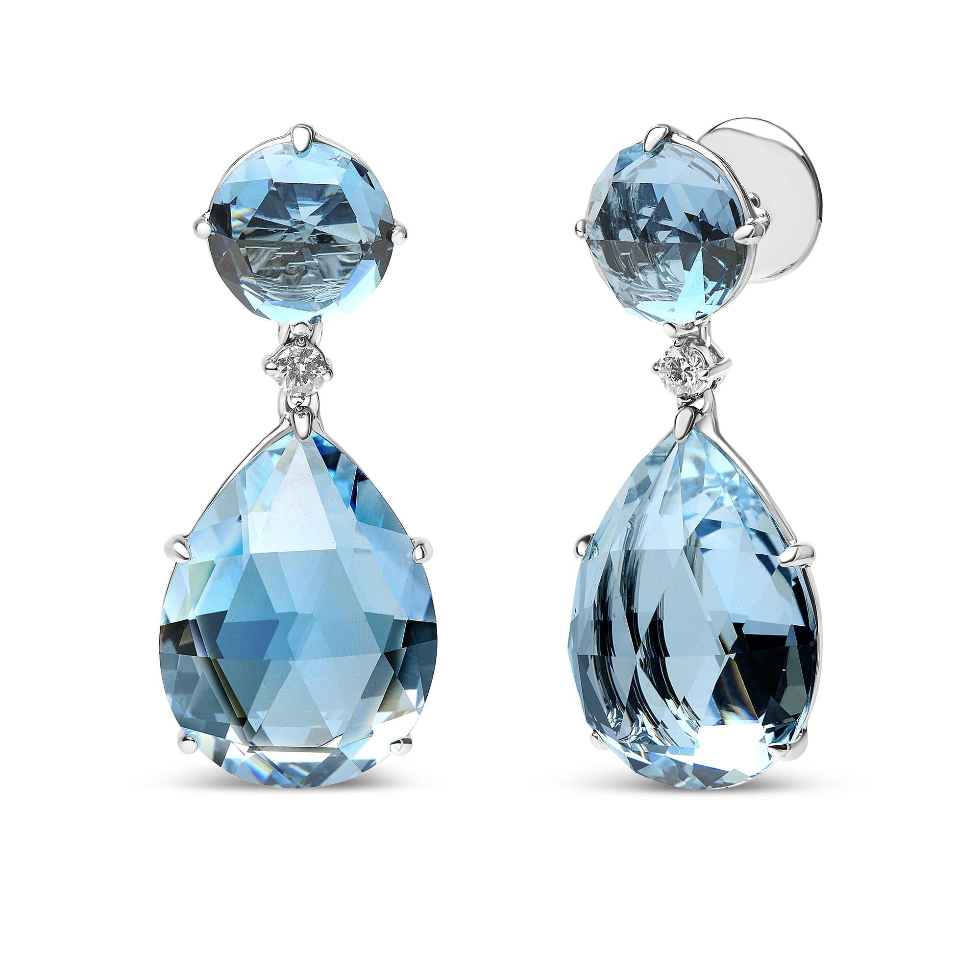 Boucles d'oreilles pendantes en or blanc 18 carats, diamant 1/5 ct, topaze bleu de Londres ronde et 20 topazes bleu ciel taille poire de 15 mm (couleur GH, pureté SI1-SI2)