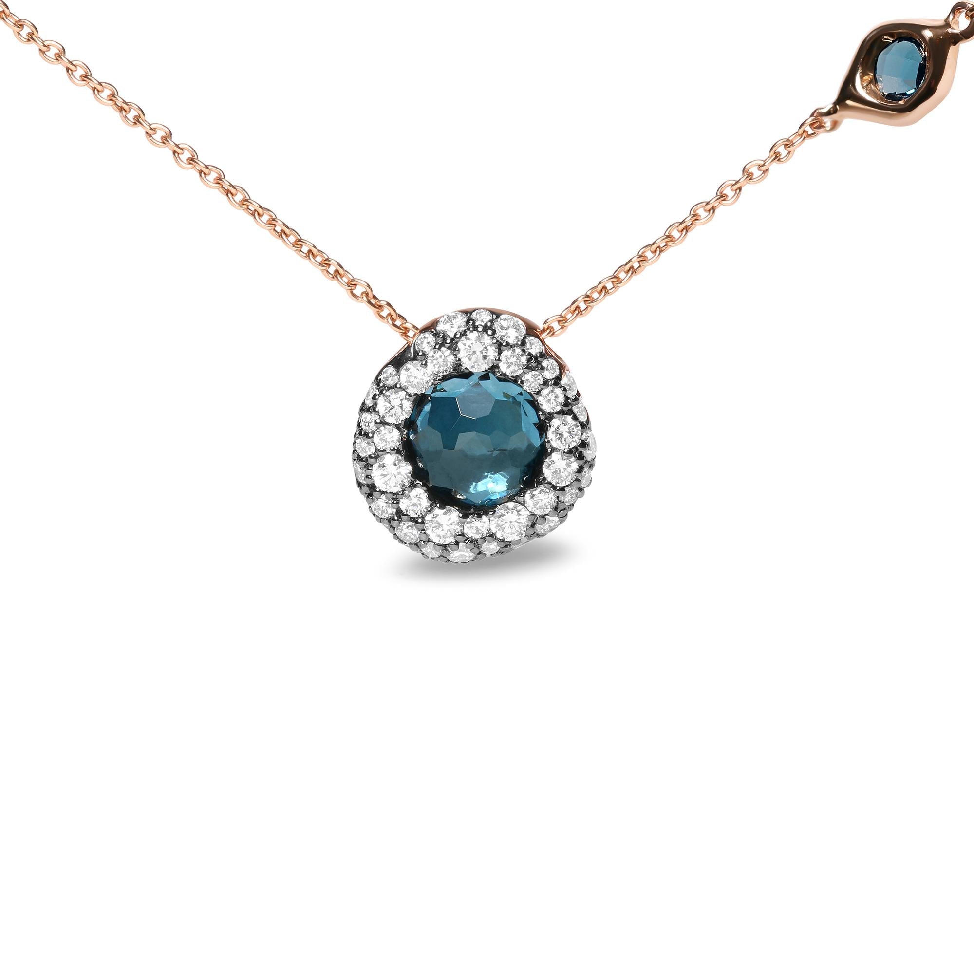Collier en or rose 18 carats, serti clos de diamants 5/8 ct et de topazes bleues de Londres, longueur 45,7 cm (couleur GH, pureté SI1-SI2) - Réglable jusqu'à 40,6 cm - 45,7 cm