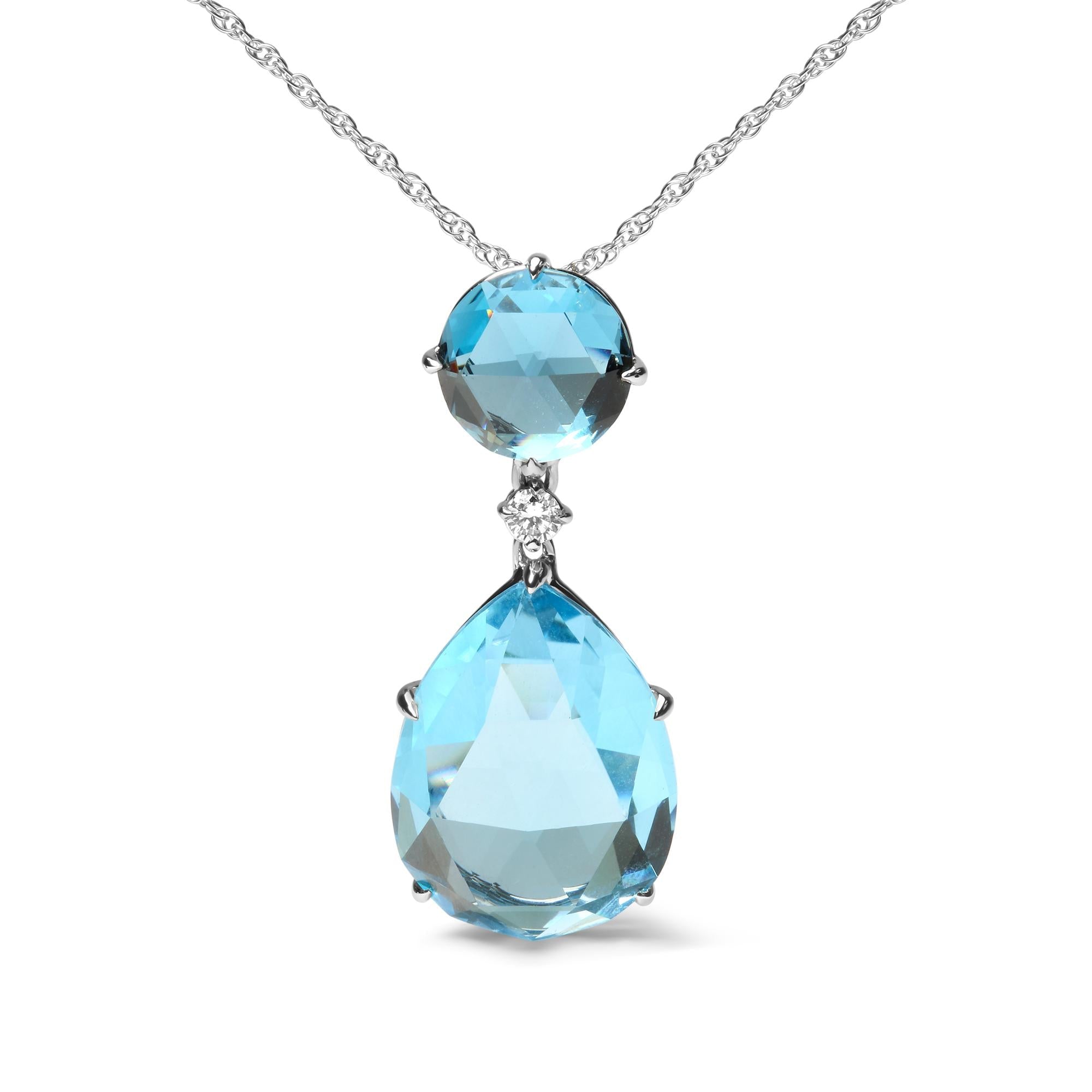 Collier pendentif en or blanc 18 carats avec diamants, topaze bleu de Londres ronde et topaze bleu ciel taille poire, 45,7 cm (couleur GH, pureté SI1-SI2)