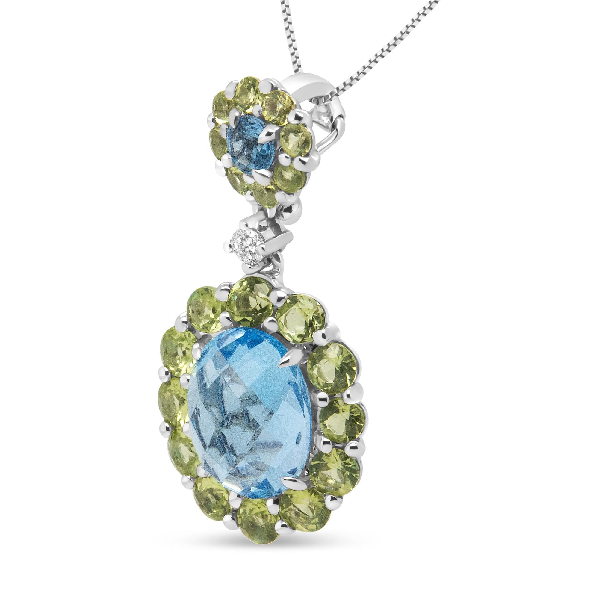 Collier pendentif en or blanc 18 carats, 45,7 cm, 0,05 ct, diamant rond, topaze bleue et péridot vert (couleur FG, pureté VS1-VS2)