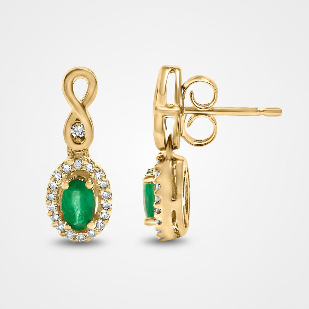 10K Yellow Gold Oval Cut Green Emerald 5x3 mm and 1/7 Cttw Round Diamond Dangle Earrings