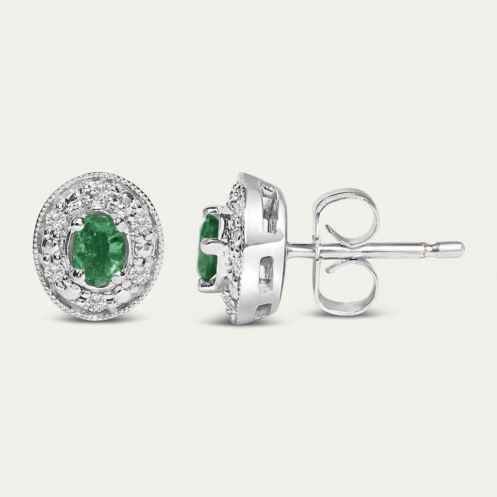 14K White Gold Oval Green Emerald and 1/10 Cttw Diamond Halo Stud Earrings  (I-J Color, I1-I2 Clarity)