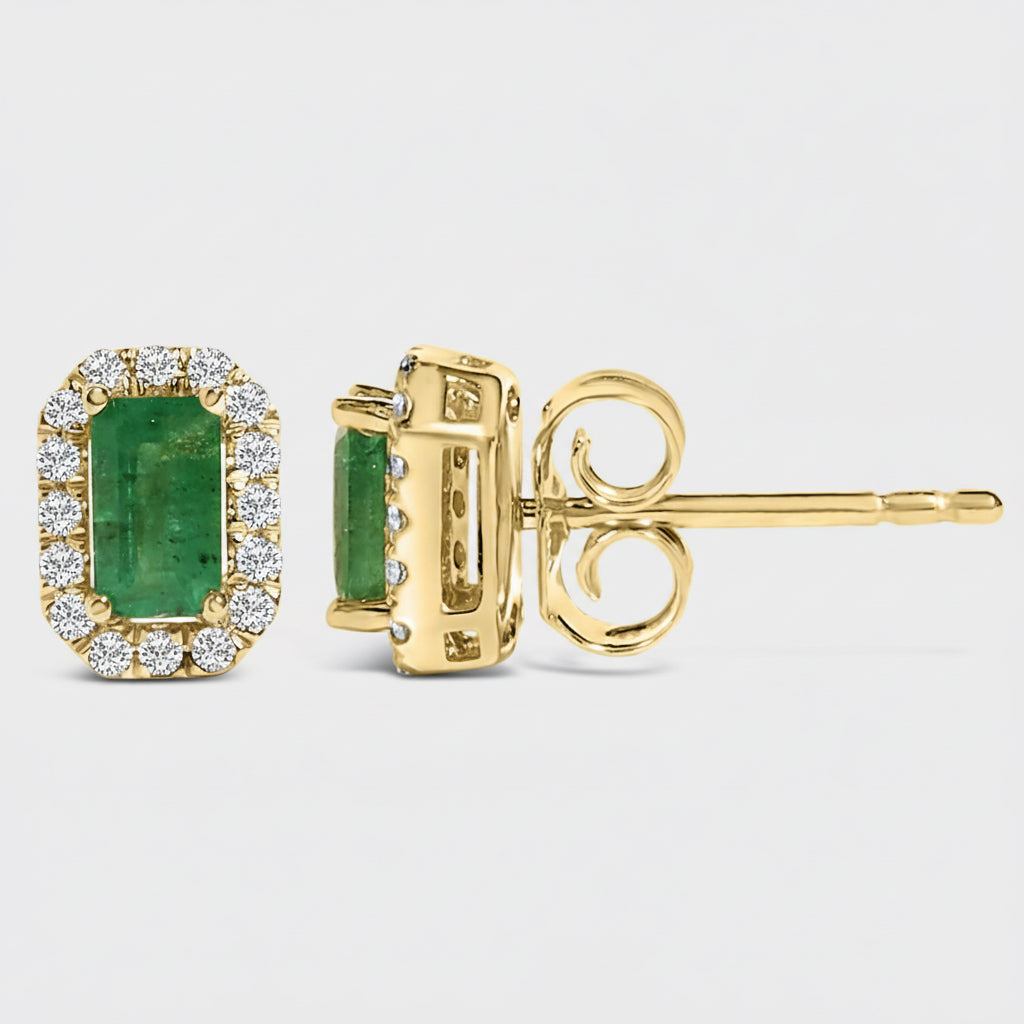 14K Yellow Gold Green Emerald and 1/8 Cttw Diamond Halo Octagonal Shaped Stud Earrings  (I-J Color, I1-I2 Clarity)