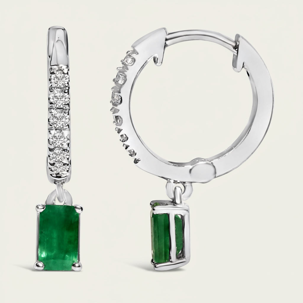 10K White Gold Oval Green Emerald and 1/8 Cttw Diamond Drop Earrings  (I-J Color, I1-I2 Clarity)