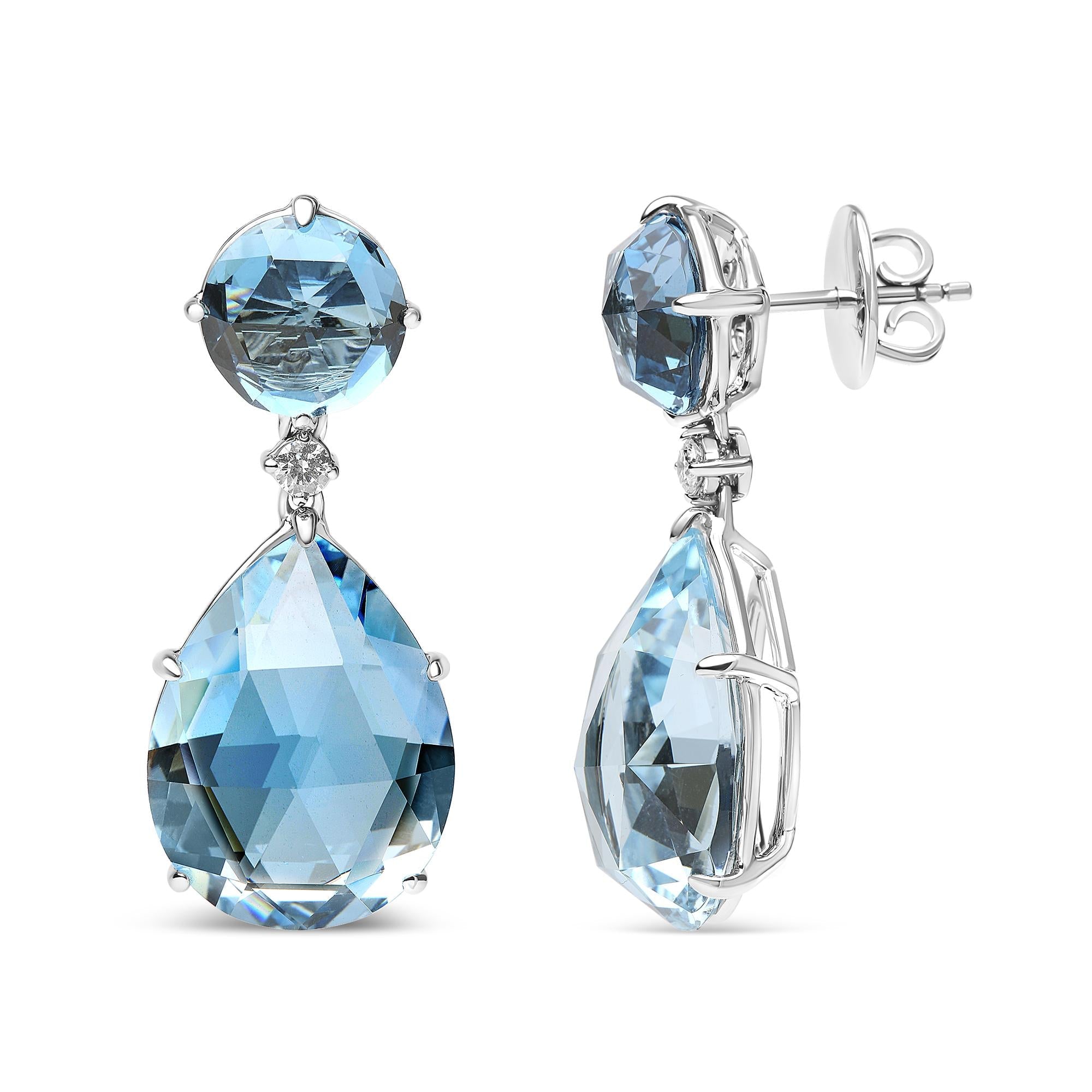 Boucles d'oreilles pendantes en or blanc 18 carats, diamant 1/5 ct, topaze bleu de Londres ronde et 20 topazes bleu ciel taille poire de 15 mm (couleur GH, pureté SI1-SI2)