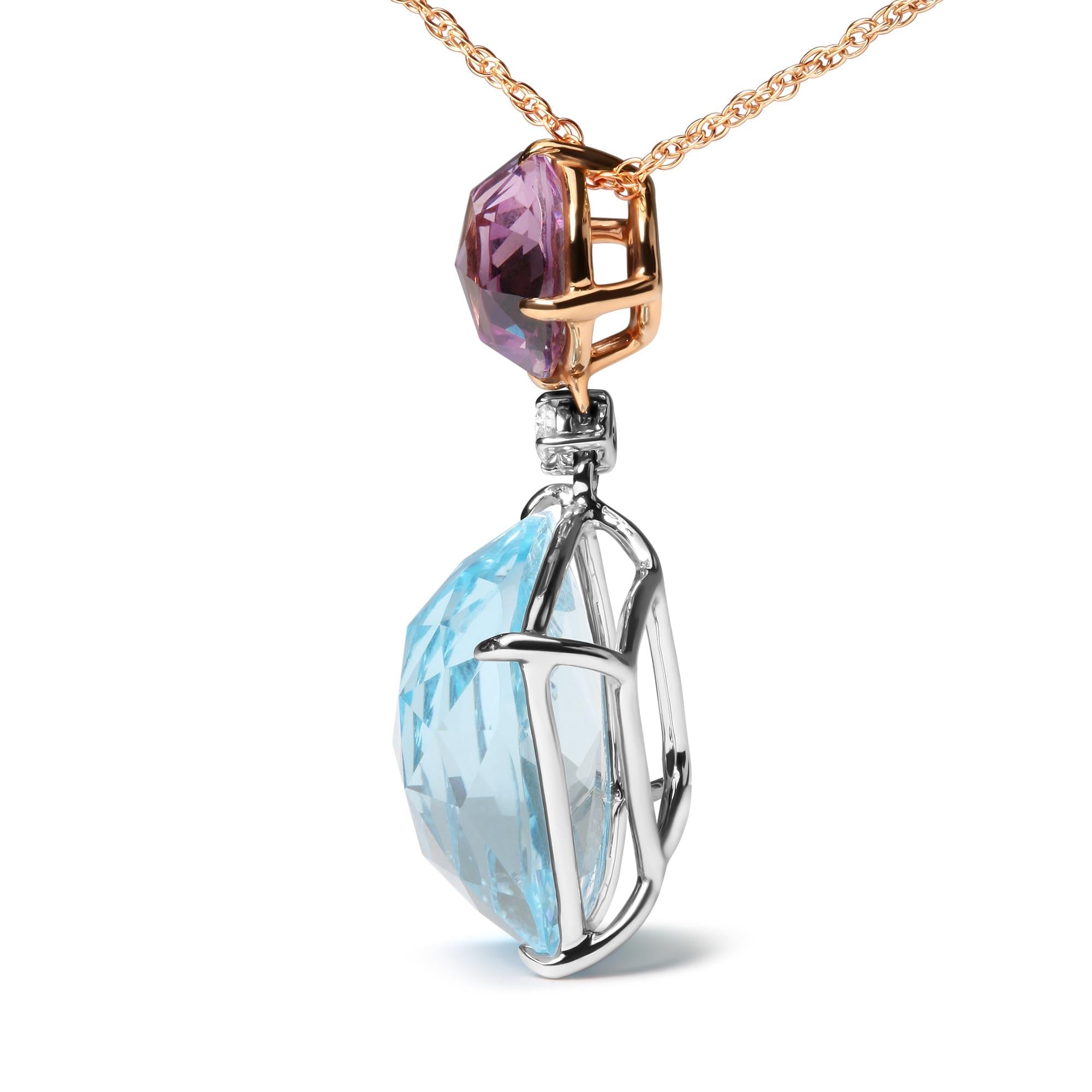 Collier pendentif en or blanc et rose 18 carats, 45,7 cm, avec diamants ronds, améthyste rose de France ronde et topaze bleu ciel taille coussin (couleur GH, pureté SI1-SI2)