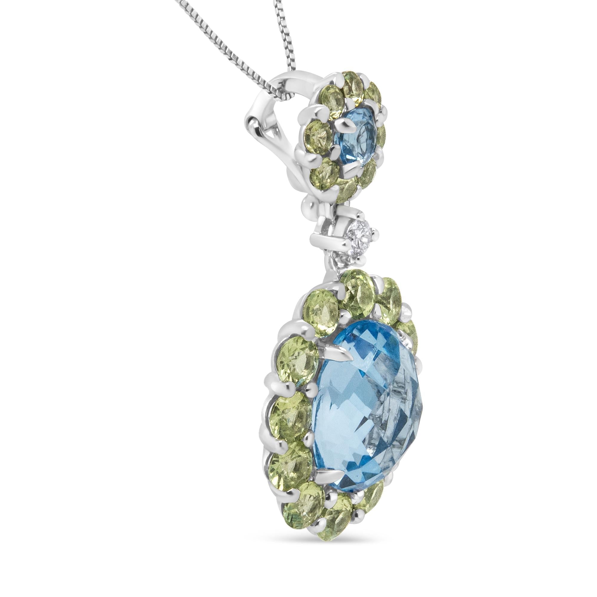 Collier pendentif en or blanc 18 carats, 45,7 cm, 0,05 ct, diamant rond, topaze bleue et péridot vert (couleur FG, pureté VS1-VS2)