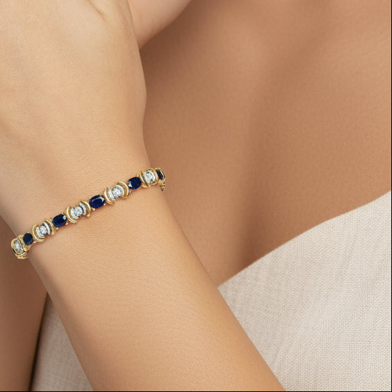 Bracelet à maillons en or jaune 14 carats, 1,00 ct, serti de diamants alternés et de saphirs bleus ovales de 6,5 ct (couleur HI, pureté SI1-SI2) - 17,8 cm