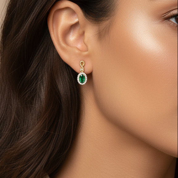 10K Yellow Gold Oval Cut Green Emerald 5x3 mm and 1/7 Cttw Round Diamond Dangle Earrings