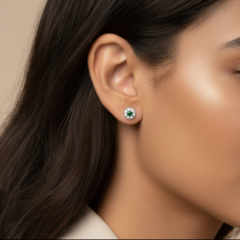 14K White Gold Oval Green Emerald and 1/10 Cttw Diamond Halo Stud Earrings  (I-J Color, I1-I2 Clarity)