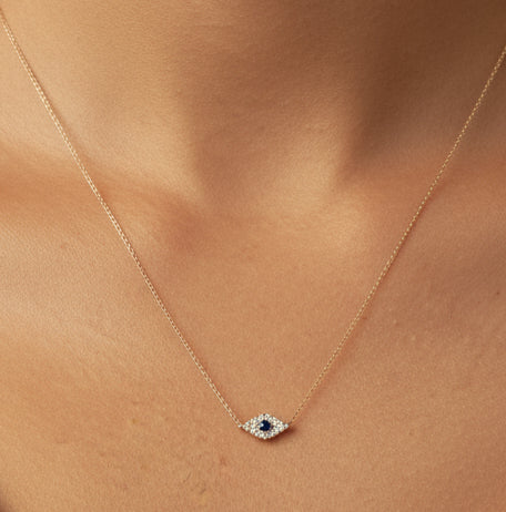 10K Yellow Gold Blue Sapphire and Diamond Accented Evil Eye 18" Inch Pendant Necklace (H-I Color, I1-I2 Clarity)