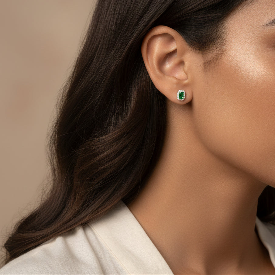 14K Yellow Gold Green Emerald and 1/8 Cttw Diamond Halo Octagonal Shaped Stud Earrings  (I-J Color, I1-I2 Clarity)