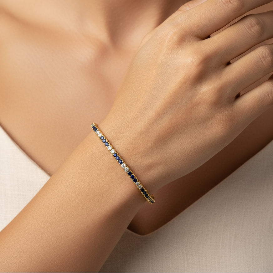 Bracelet tennis en or jaune 14 carats, serti de diamants de 1,34 ct et de saphirs bleus de 5,0 ct (couleur GH, pureté SI1-SI2) - 7 pouces