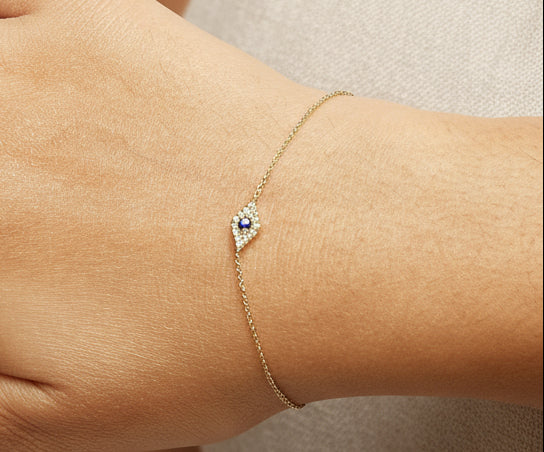 Bracelet à maillons Evil Eye en or jaune 10 carats, saphir bleu et diamants (couleur HI, pureté I1-I2) - Taille 7"