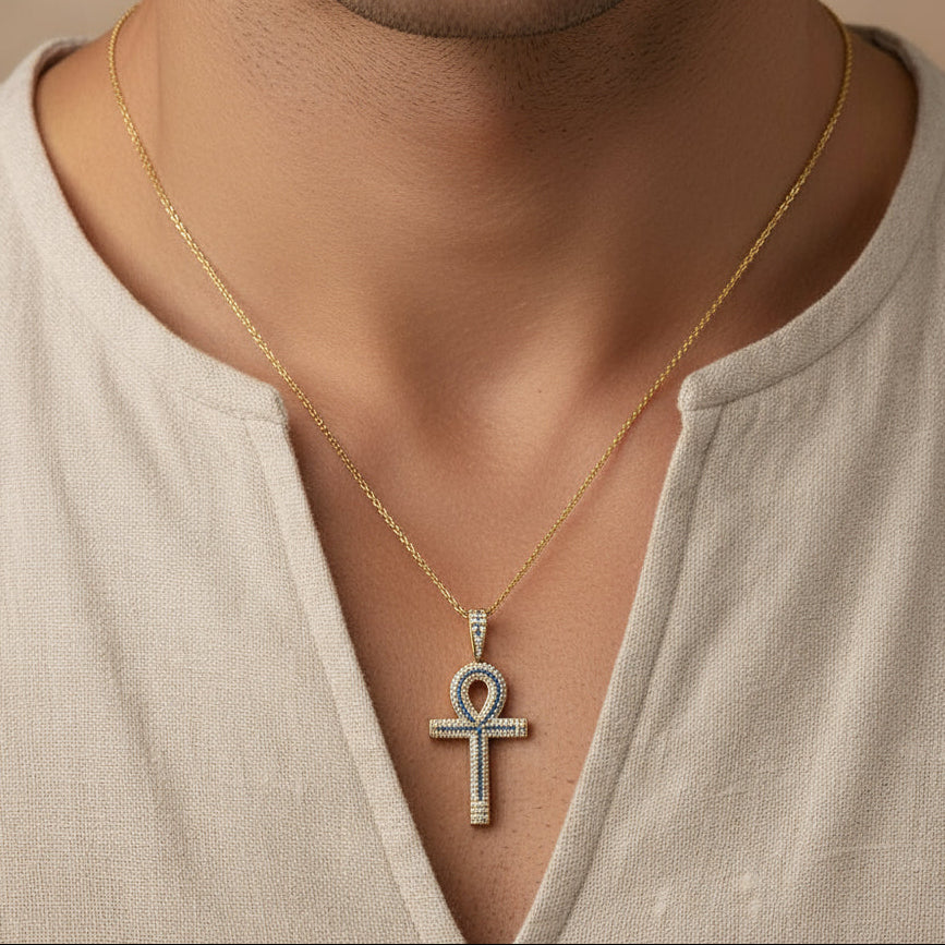 10K Yellow Gold 1 7/8 Cttw Round Diamond Ankh Cross Pendant Necklace for Men (H-I Color, SI1-SI2 Clarity) - NO CHAIN INCLUDED