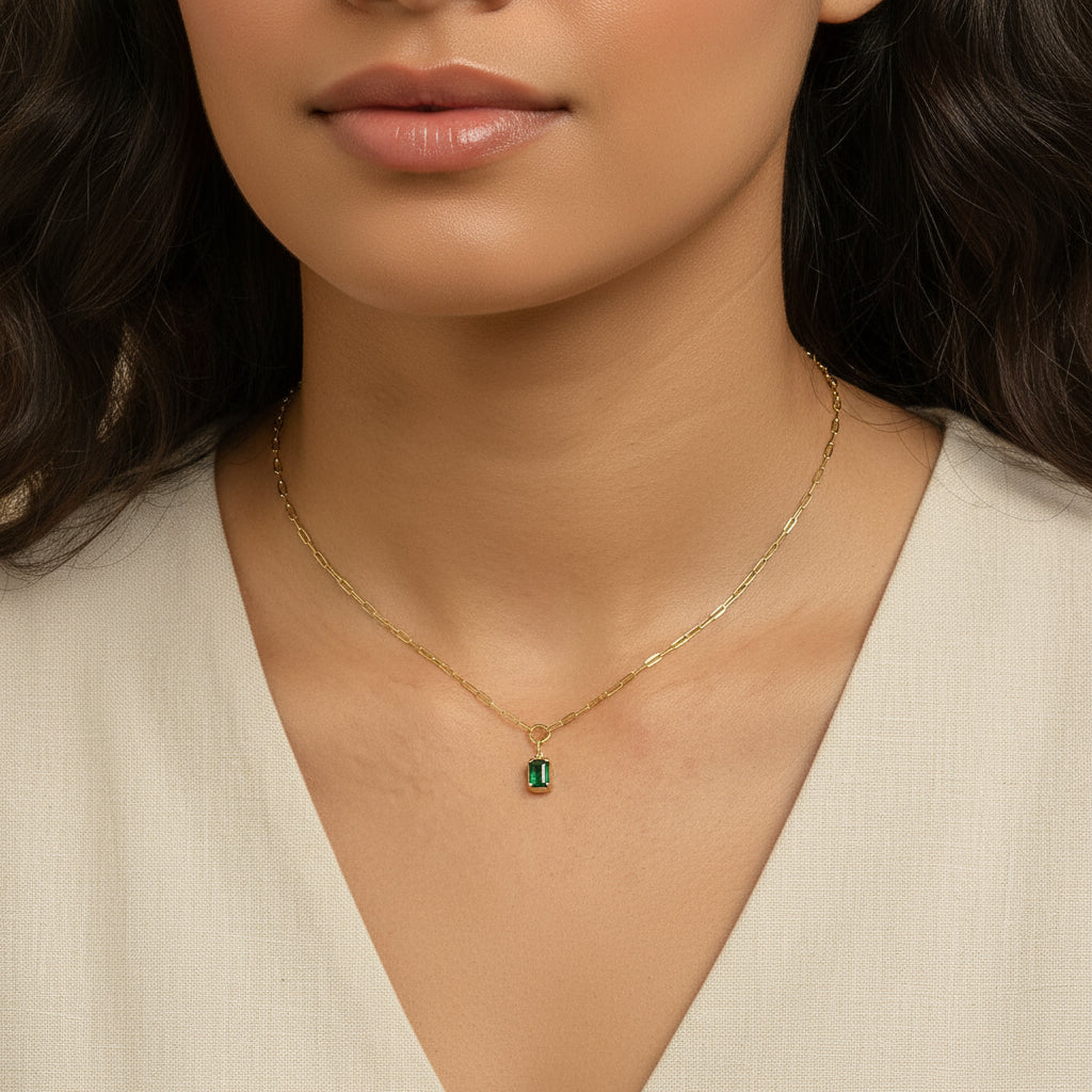 10K Yellow Gold Emerald Cut 6x4 MM Green Emerald Solitaire Pendant Necklace - 18 inch