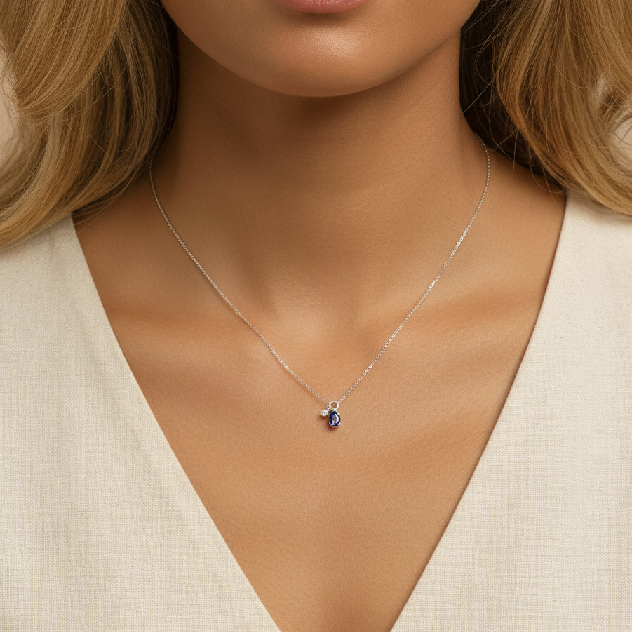 10K White Gold Oval Blue Sapphire and Diamond Double Charm Pendant Necklace - 18" Inches