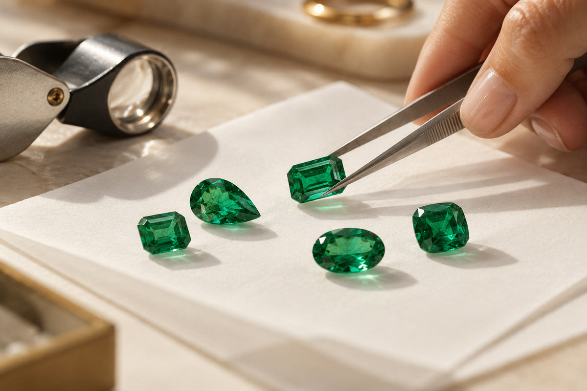 A hand holds an emerald cut emerald with jeweller's tweezers above a paper parcel with four more faceted emeralds in emerald, pear, oval and cushion cuts, a loupe resting beside them