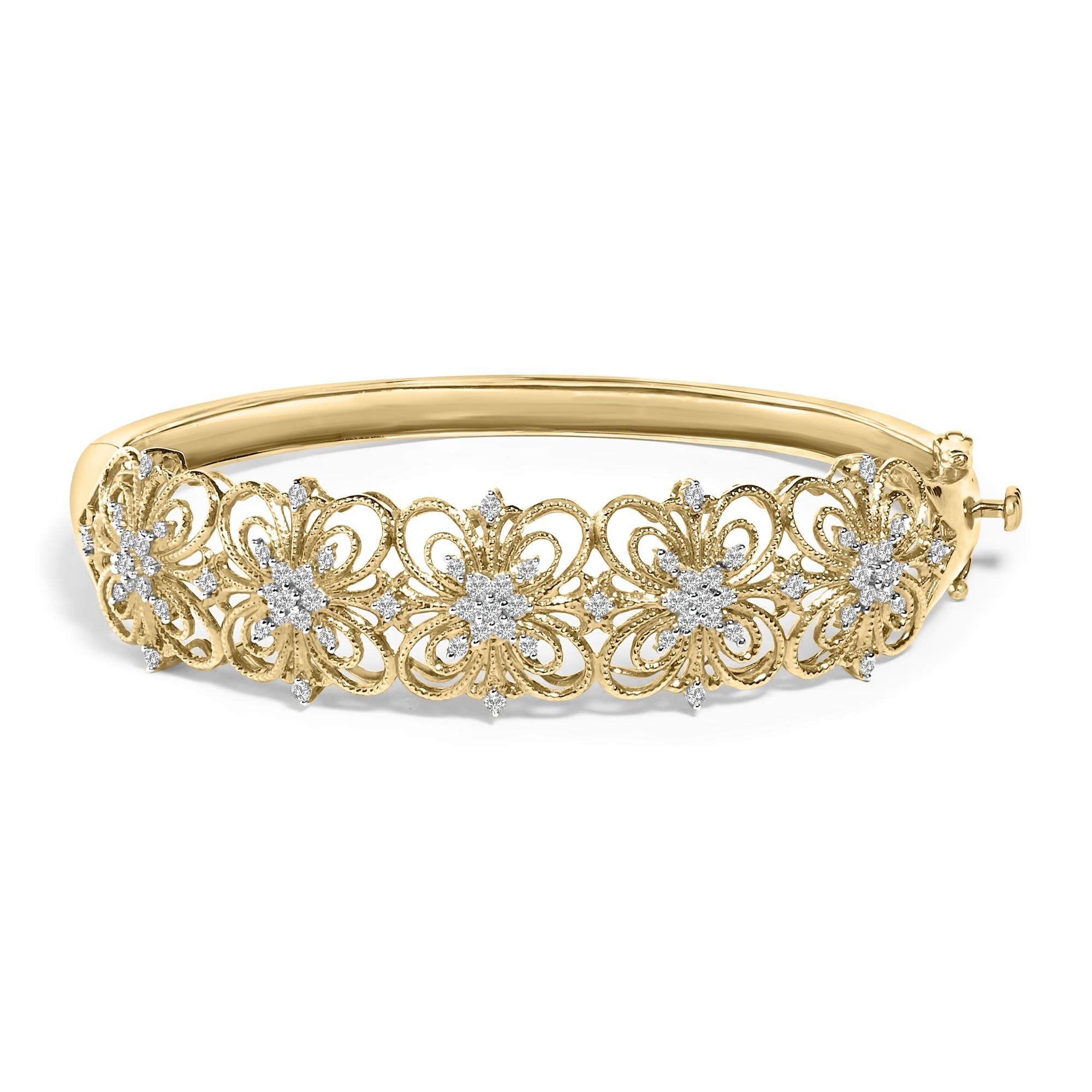 14K Gold 1.00 Cttw Diamond Vintage Inspired Floral Bangle Bracelet (H-I Color, SI1-SI2 Clarity) - 7.75" Inches