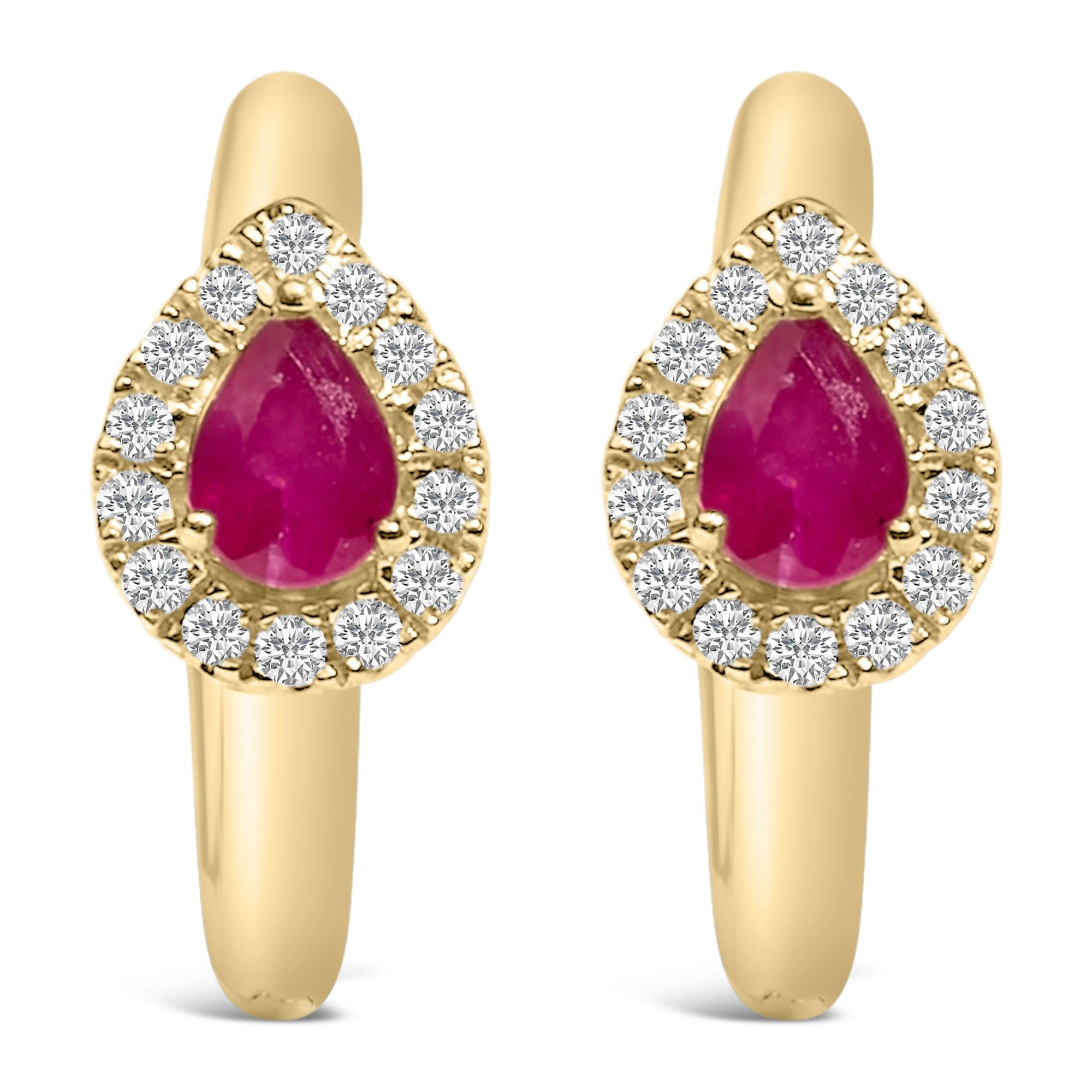 10K Yellow Gold Pear Cut Red Ruby 4x3 mm and 1/10 Cttw Round Diamond Huggy Earrings (I-J Color, I1-I2 Clarity)