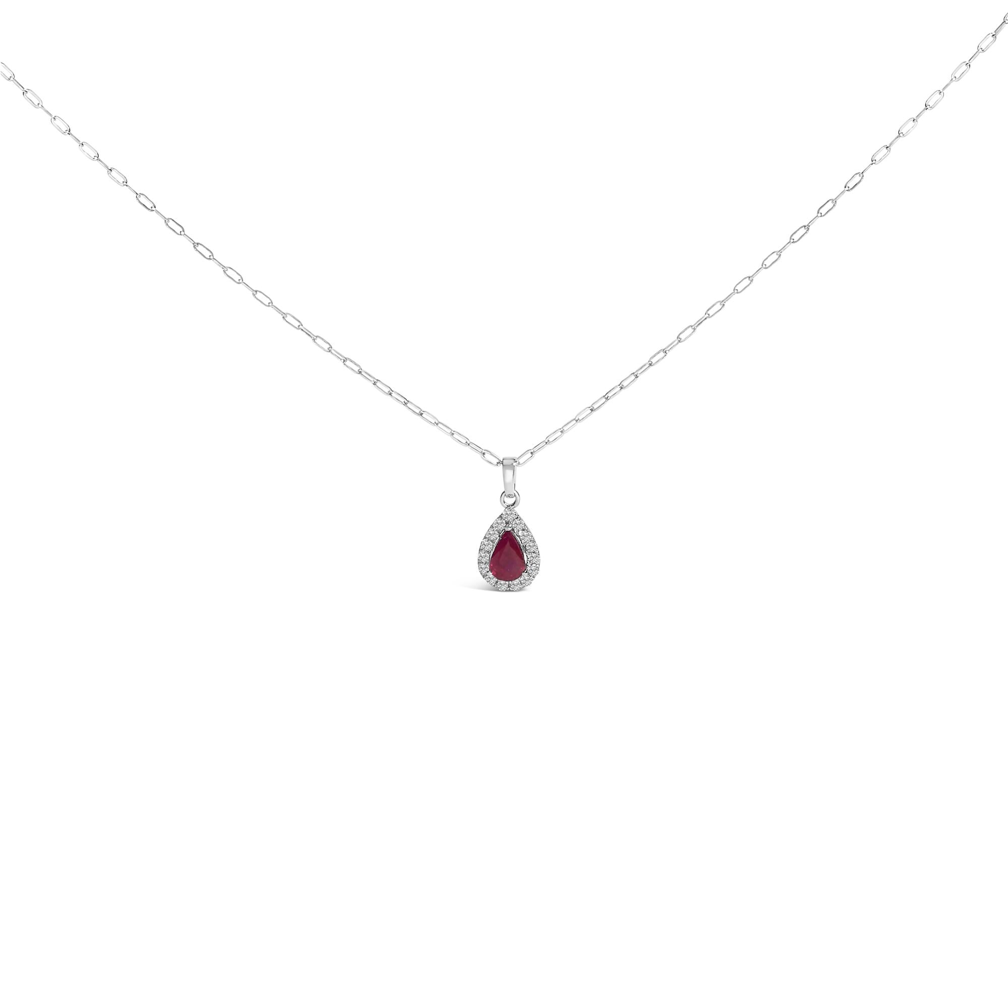 14K White Gold 6x4 Pear Red Ruby and Diamond Halo Pendant Necklace - 18" Inches