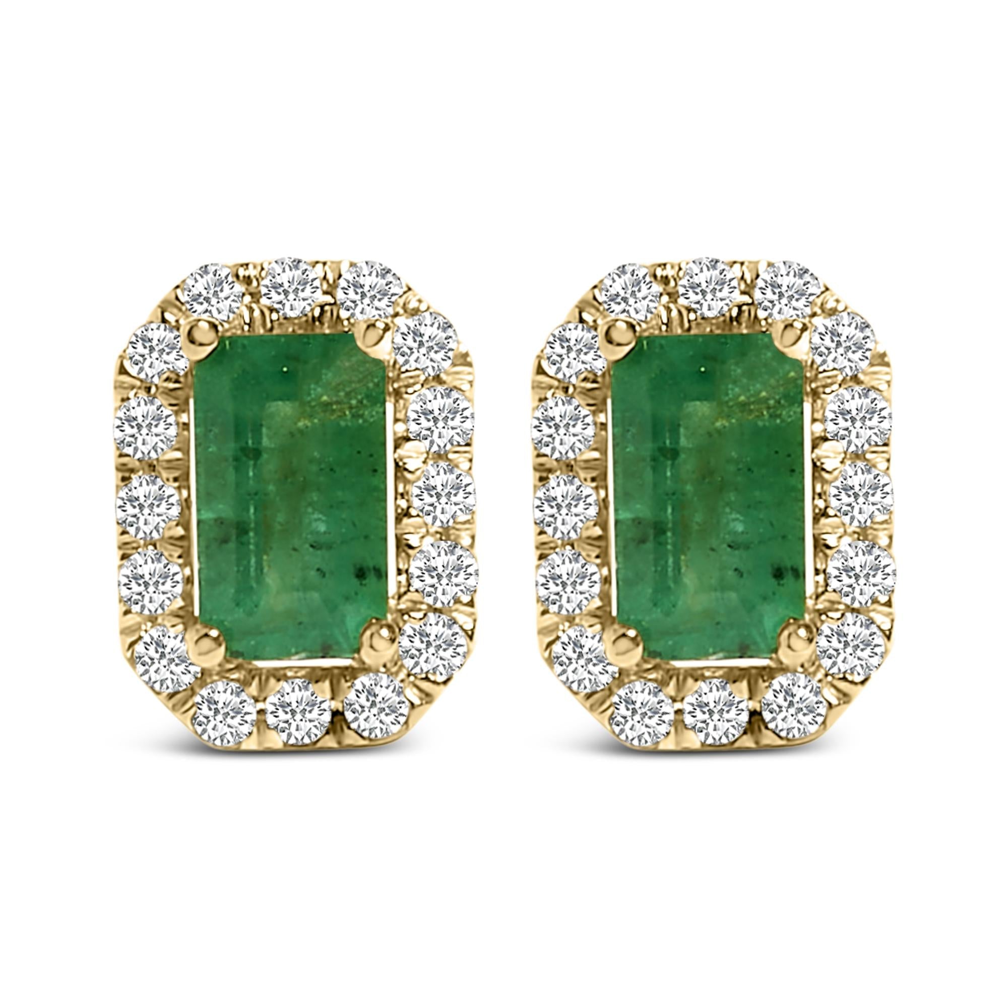 14K Yellow Gold Green Emerald and 1/8 Cttw Diamond Halo Octagonal Shaped Stud Earrings  (I-J Color, I1-I2 Clarity)