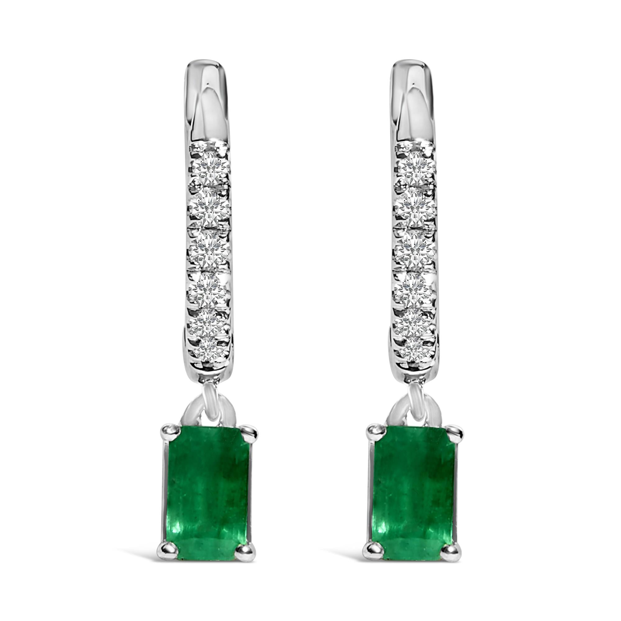 10K White Gold Oval Green Emerald and 1/8 Cttw Diamond Drop Earrings  (I-J Color, I1-I2 Clarity)