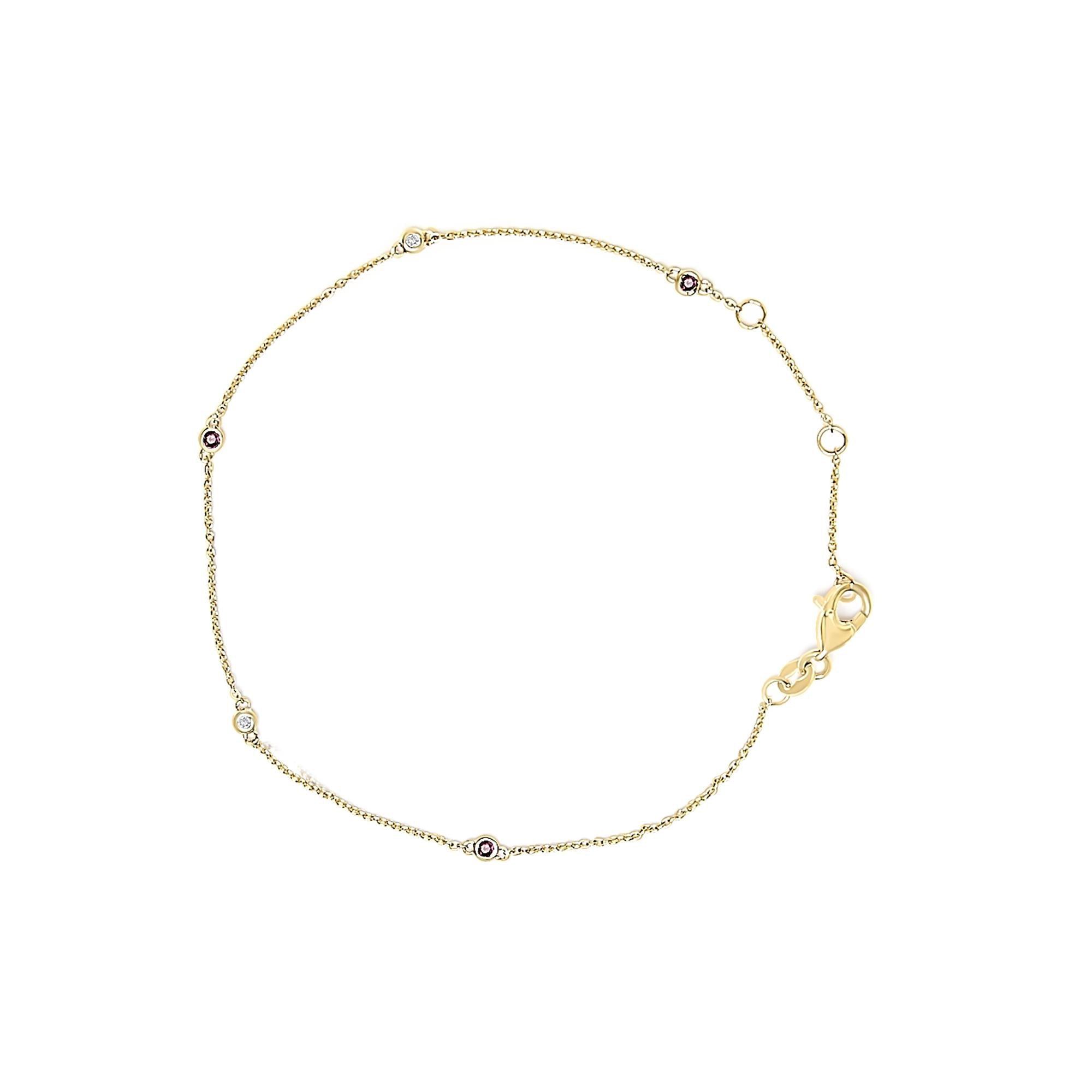 14K Yellow Gold Alternating Red Ruby and White Diamond Bezel Station Chain Bracelet (I-J Color, SI2-I1 Clarity) - 7.5" Inches
