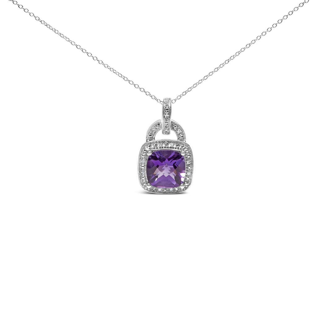 Collier pendentif halo de diamants et améthyste violette coussinée en argent sterling 925 (10 x 10 mm) (couleur IJ, pureté I1-I2)