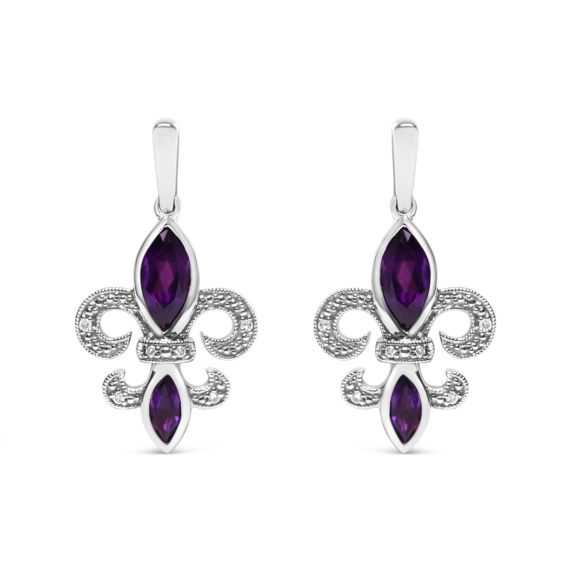 .925 Sterling Silver Marquise Cut Amethyst and Diamond Accent Fleur De Lis Dangle Stud Earrings (H-I Color, SI1-SI2 Clarity)
