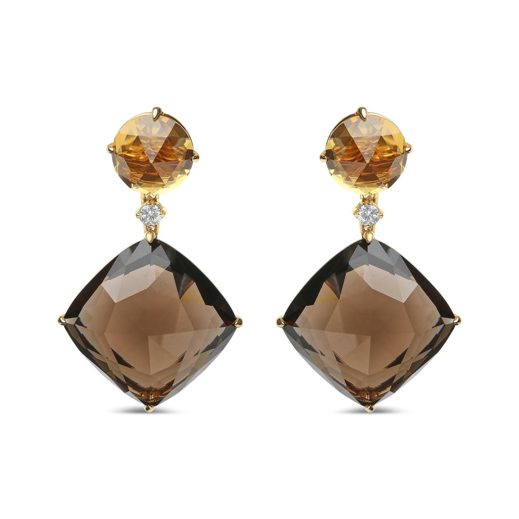18K Yellow Gold 1/5 Cttw Diamond with Round Yellow Citrine and 25mm Cushion Cut Smoky Quartz Gemstone Dangle Earring (G-H Color, SI1-SI2 Clarity)