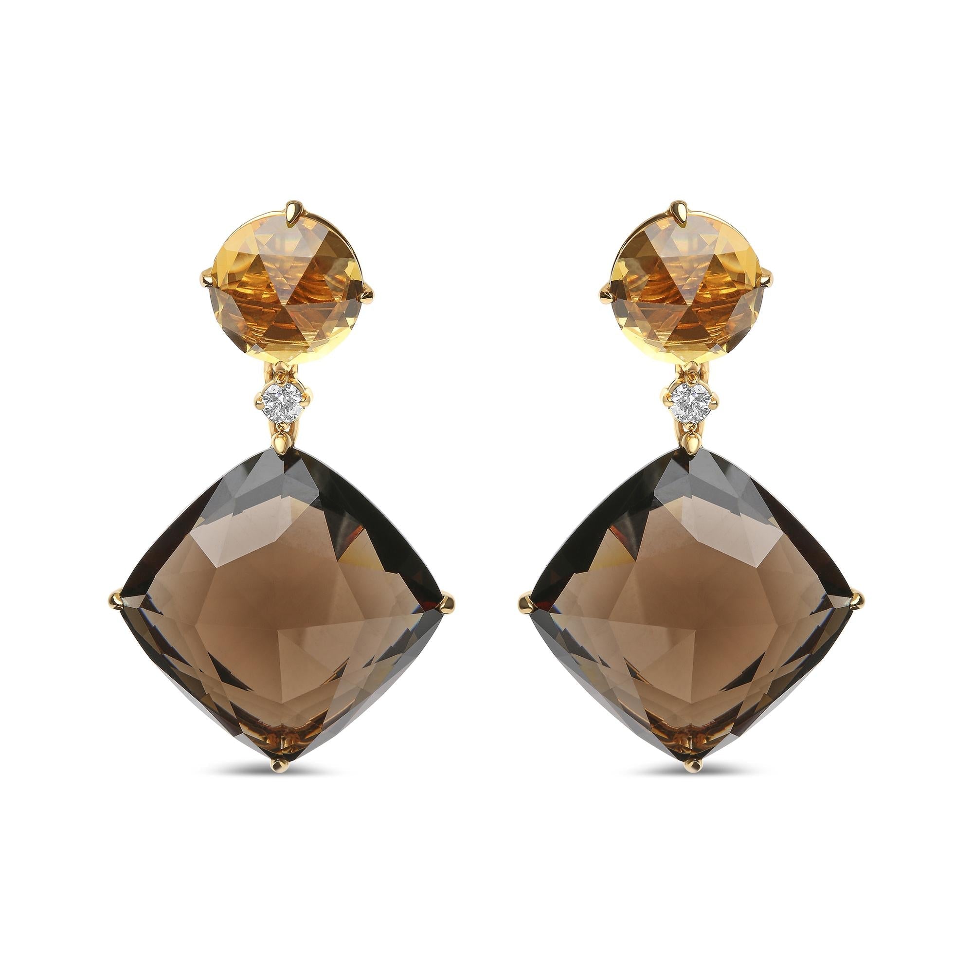 18K Yellow Gold 1/5 Cttw Diamond with Round Yellow Citrine and 25mm Cushion Cut Smoky Quartz Gemstone Dangle Earring (G-H Color, SI1-SI2 Clarity)
