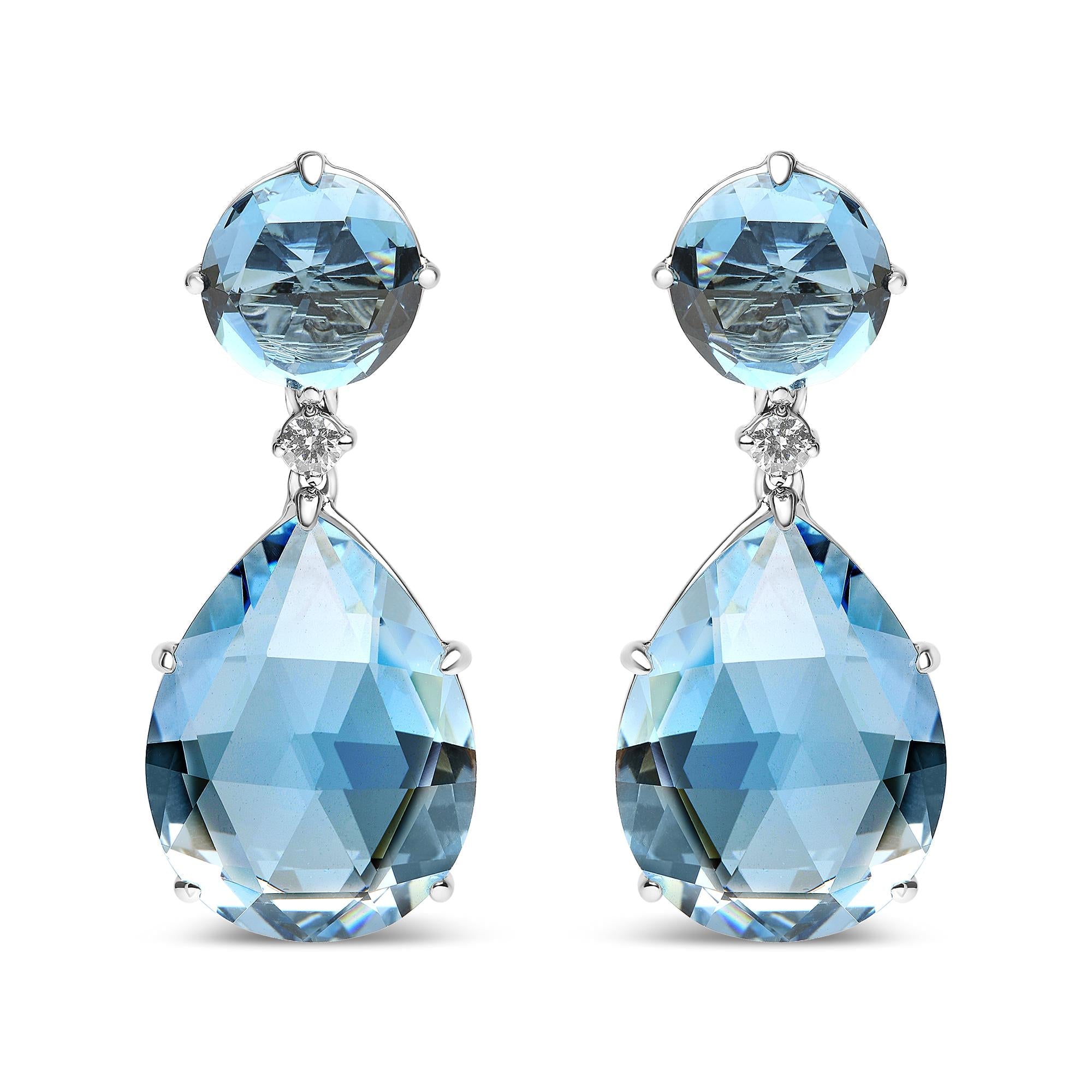18K White Gold 1/5 Cttw Diamond with Round London Blue Topaz and 20 x 15mm Pear Cut Sky Blue Topaz Gemstone Dangle Earring (G-H Color, SI1-SI2 Clarity)