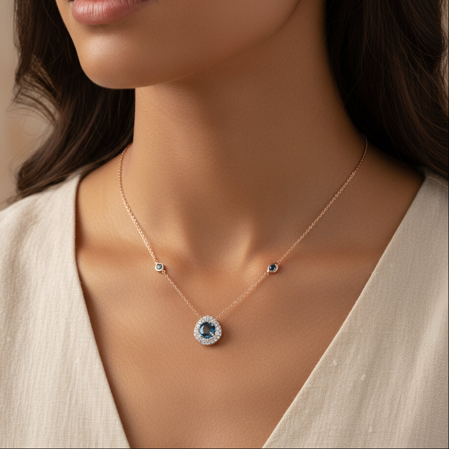 18K Rose Gold 5/8 Cttw Diamond and London Blue Topaz Gemstone Bezel-Set Cluster 18" Station Necklace (G-H Color, SI1-SI2 Clarity) - Adjustable up to 16" - 18"