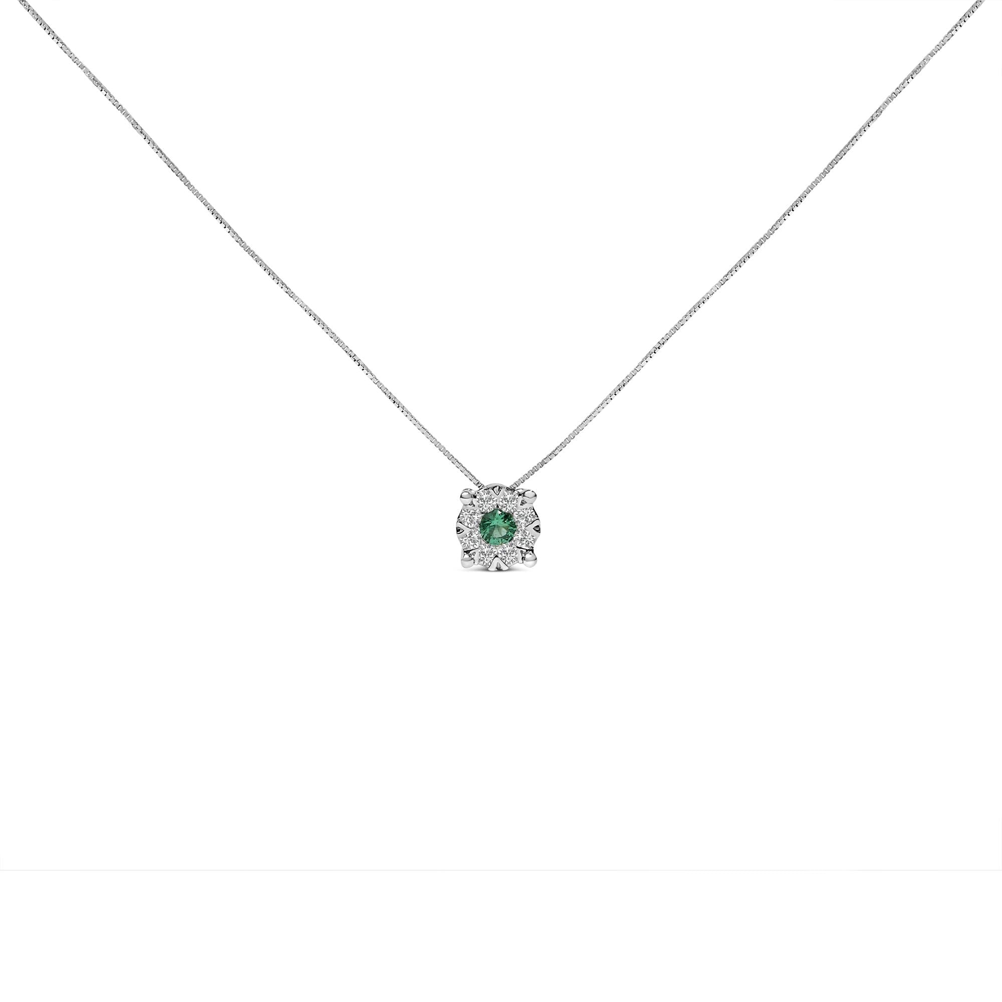14K White Gold 3.8 MM Green Emerald and 1/3 Cttw Diamond Composite Halo 18" Pendant Necklace (F-G Color, VS2-SI1 Clarity)