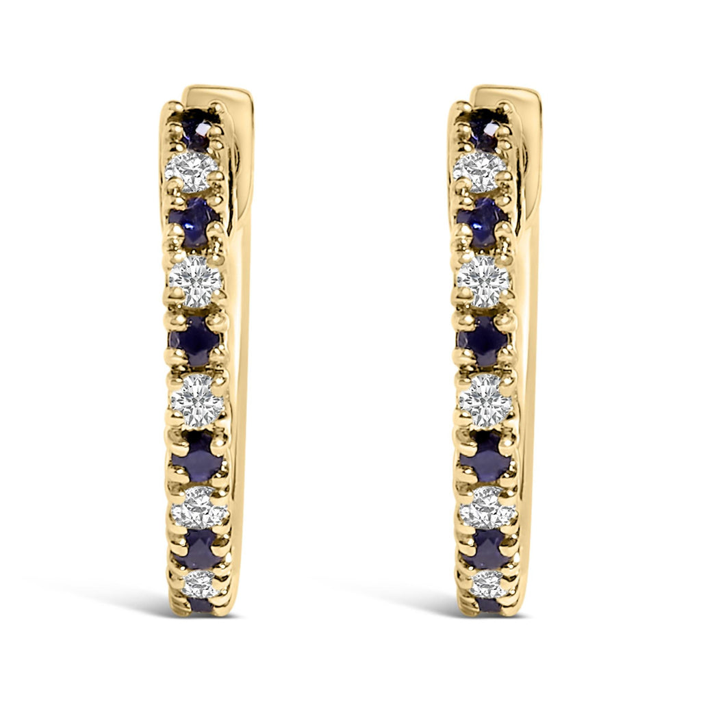 10K Yellow Gold Alternating Blue Sapphire 1/10 Cttw Diamond Huggy Hoop Earrings  (I-J Color, I1-I2 Clarity)