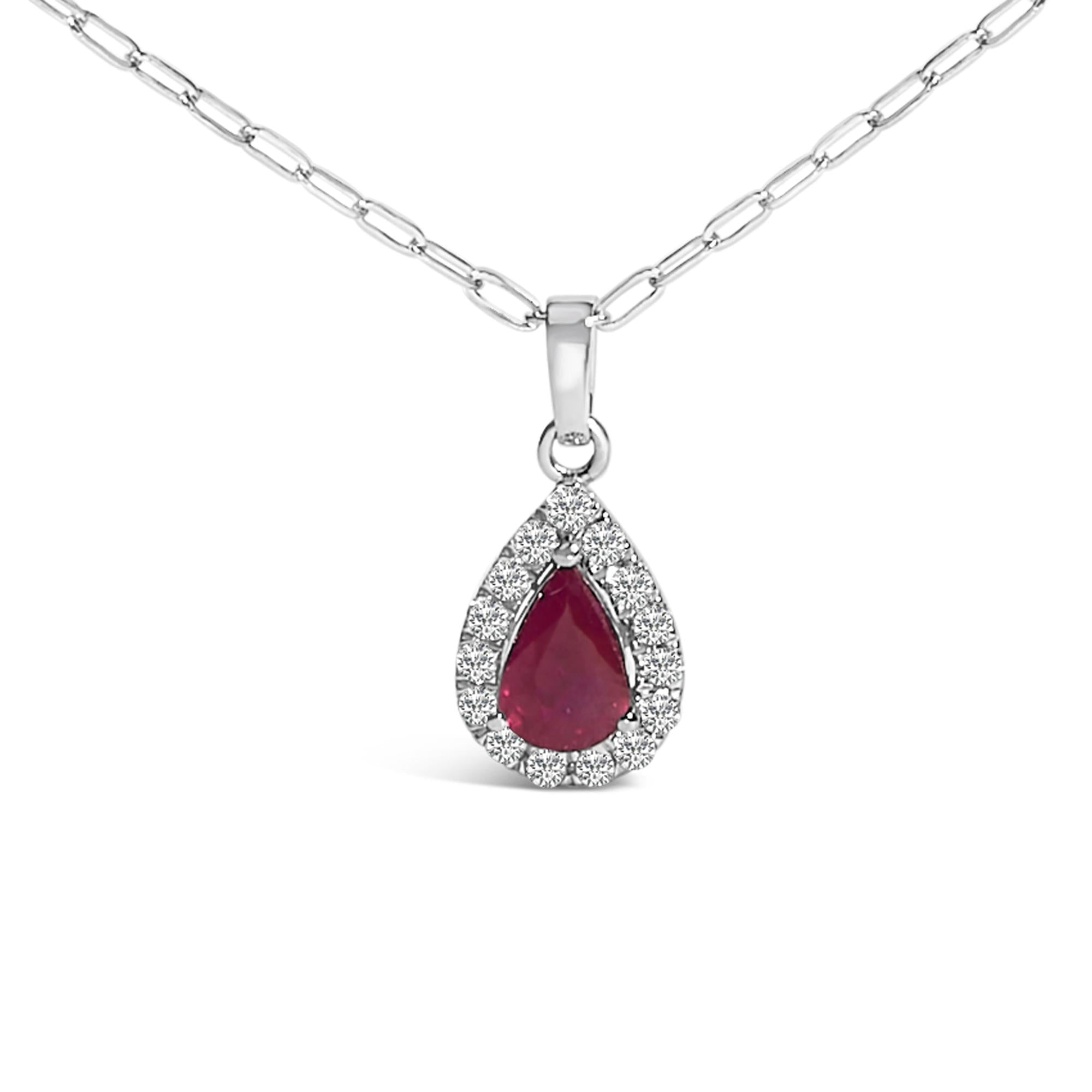 14K White Gold 6x4 Pear Red Ruby and Diamond Halo Pendant Necklace - 18" Inches